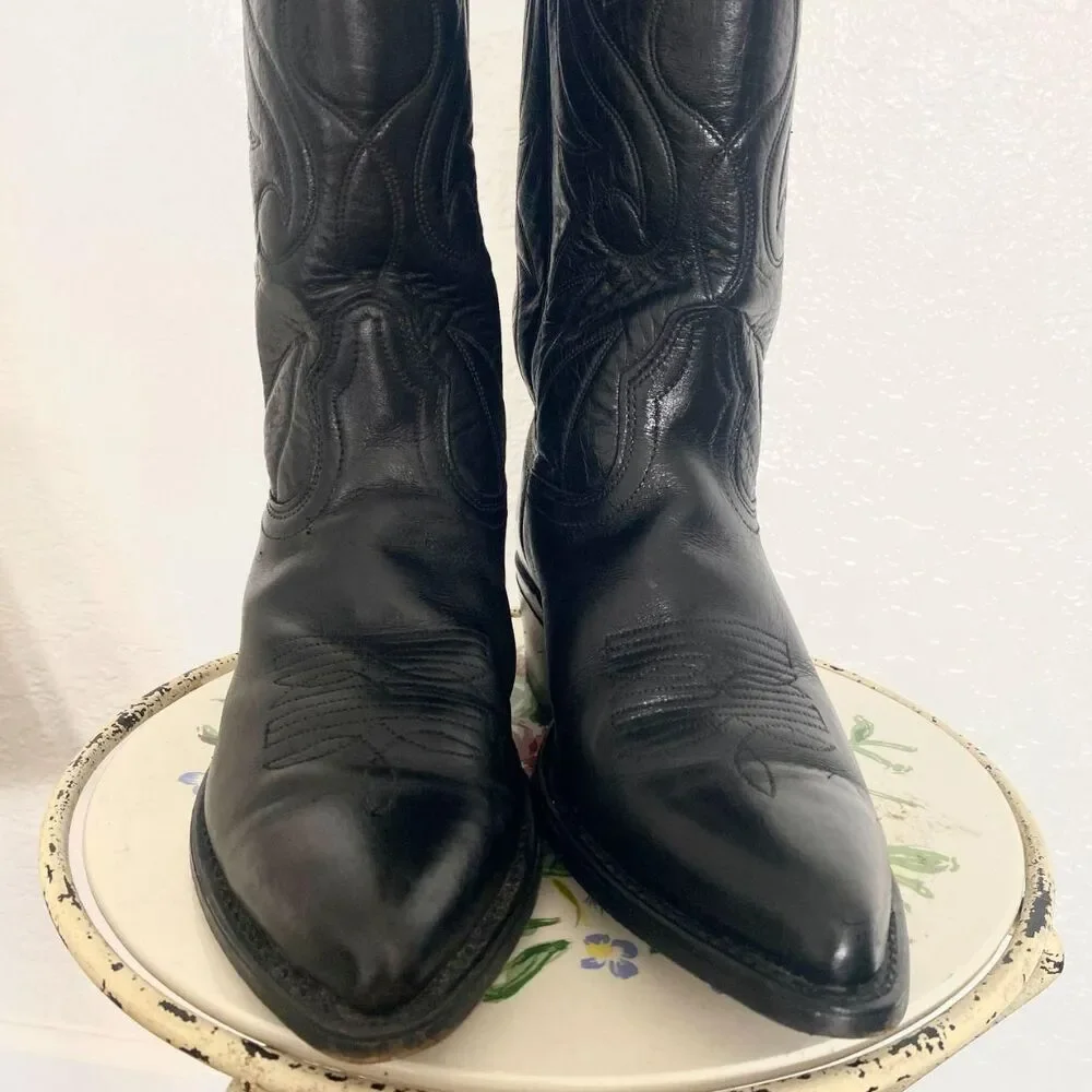 Vintage 1980s Acme Black Leather Cowboy Boots Made in USA Size Mens 7 D